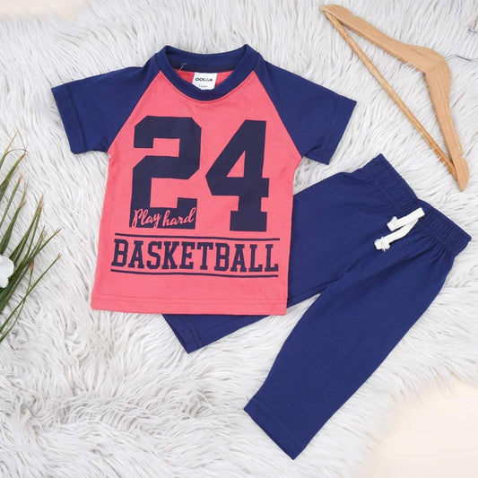 Kids Raglan Half Sleeves Printed Pajama Set 24 Red & Blue