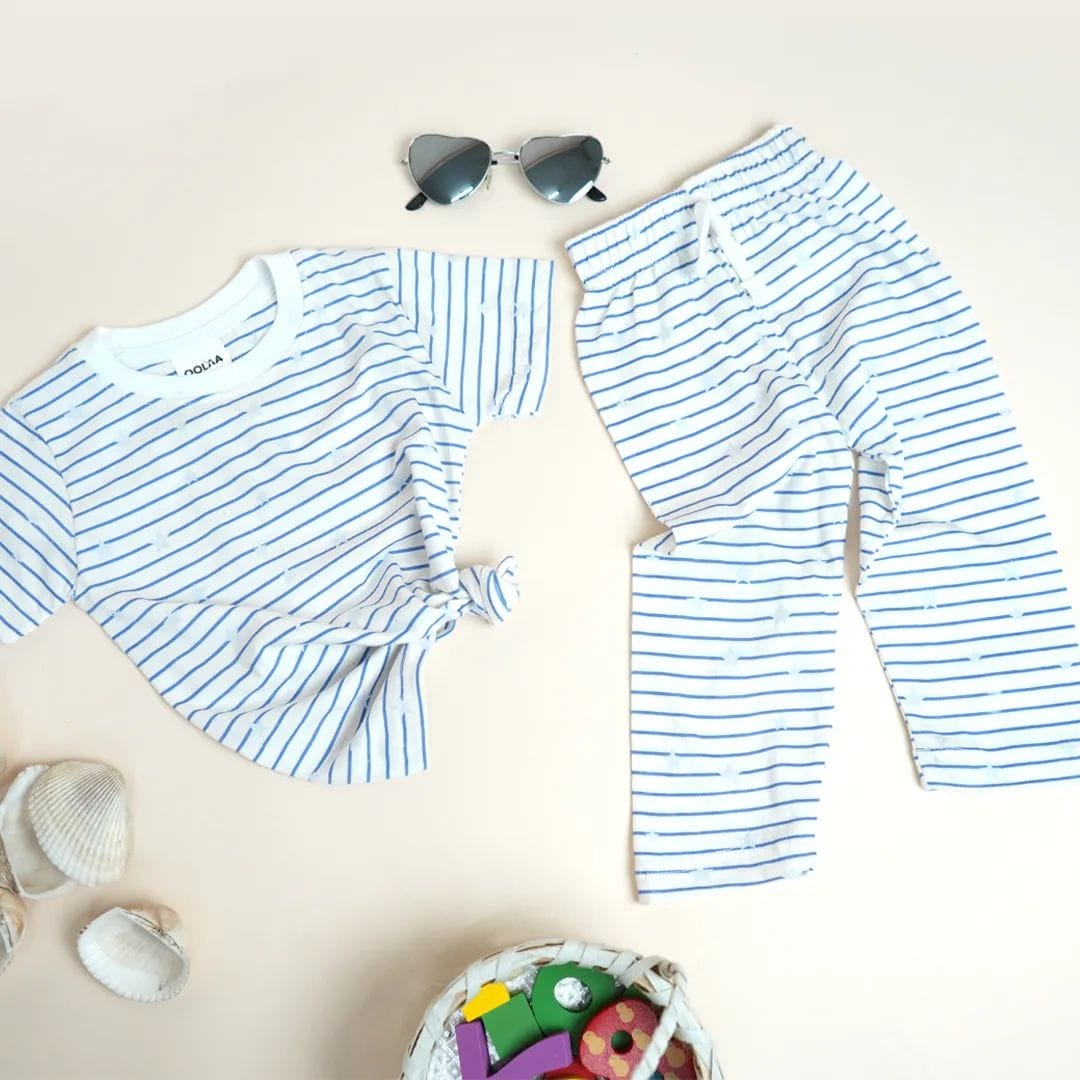 Kids Half Sleeves Pajama Set Printed Stripes Blue
