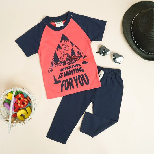 Kids Raglan Half Sleeves Printed Pajama Set Adventure Peach
