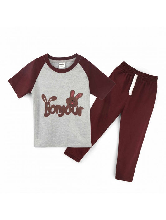 Kids Raglan Half Sleeves Printed Pajama Set Bonjour Grey & Maroon