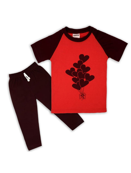 Kids Raglan Half Sleeves Printed Pajama Set Balloons Red &