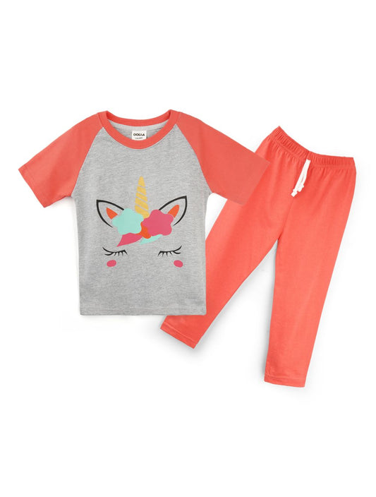 Kids Raglan Half Sleeves Printed Pajama Set Grey & Peach Unicorn