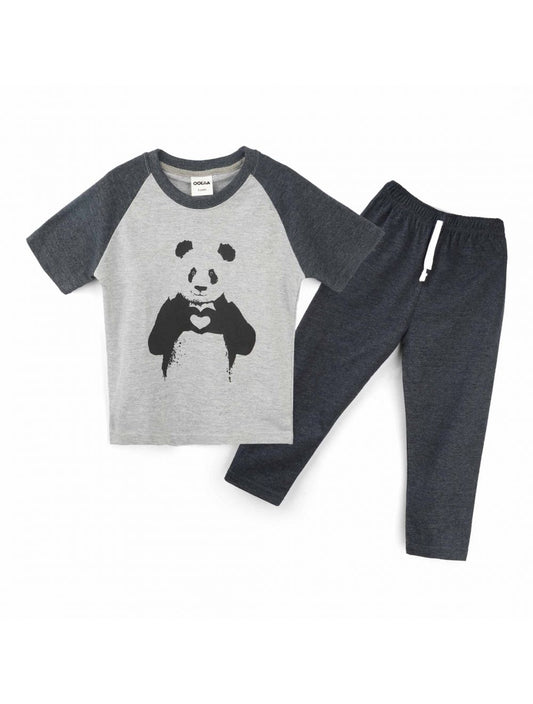 Kids Raglan Half Sleeves Printed Pajama Set Panda Grey & Charcoal