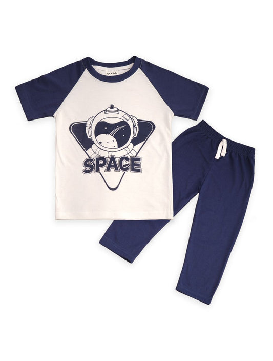 Kids Raglan Half Sleeves Printed Pajama Set Space White